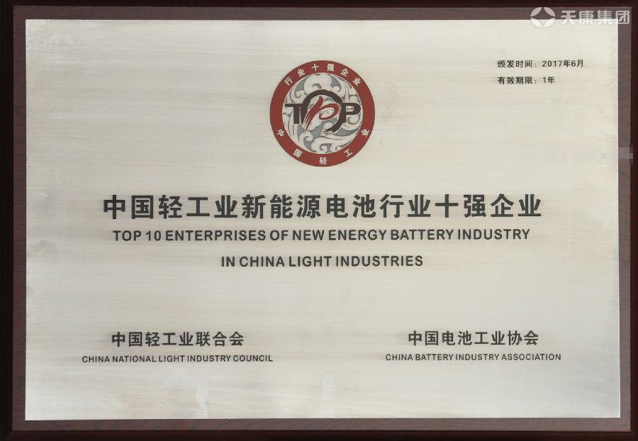中国轻工业新能源电池行业十强企业证书